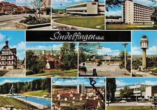 AK / Ansichtskarte  Sindelfingen Rathausplatz IBM Krankenhaus Rathaus Stadthalle Goldbergturm Freibad Rotbuehl Daimler-Benz