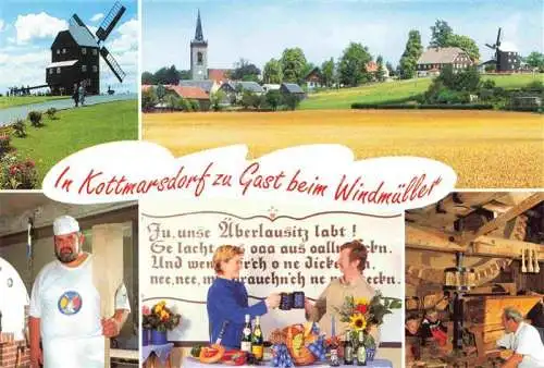 AK / Ansichtskarte  Kottmarsdorf Ortsansicht mit Kirche Bockwindmuehle Alte Muehlentechnik 19. Jhdt.