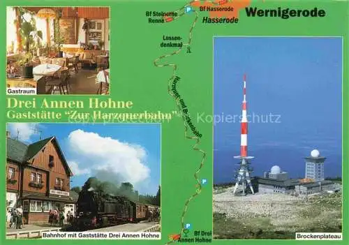 AK / Ansichtskarte  Drei Annen Hohne Wernigerode Gaststaette zur Harzquerbahn Bahnhof Dampflokomotive Brockenplateau