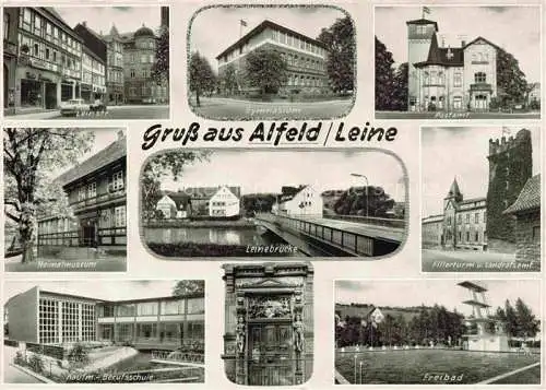 AK / Ansichtskarte  Alfeld Leine Hildesheim Leinstr Gymnasium Postamt Heimatmuseum Leinebruecke Fillerturm Berufsschule Freibad