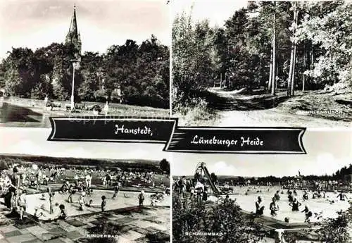 AK / Ansichtskarte  Hanstedt Nordheide Lueneburger Heide Strand Kirche Waldpartie Kinderbad Schwimmbad