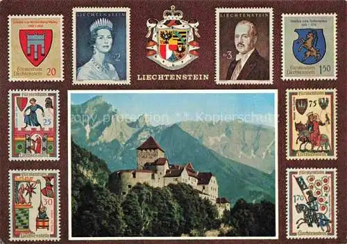 AK / Ansichtskarte  Briefmarkensprache auf Ak Fuerstentum Liechtenstein Schloss Vaduz