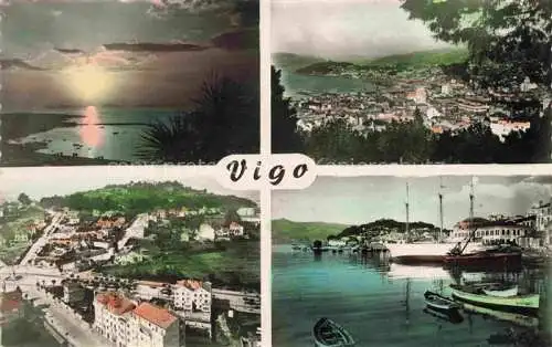 AK / Ansichtskarte  VIGO  Galicia ES Puesta de sol Islas Cies vista parcial Plaza de Espana y Monte del Casino la Guia