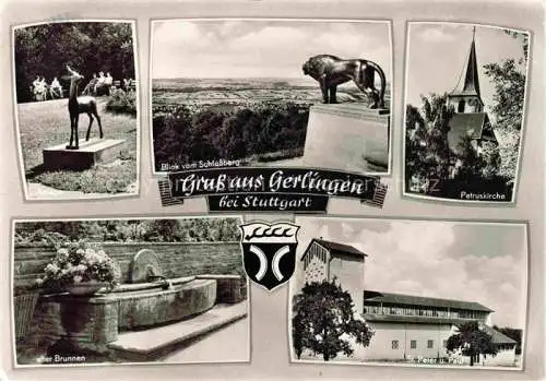 AK / Ansichtskarte  Gerlingen  Stuttgart BW Park Reh Skulptur Blick vom Schlossberg Loewe Petruskirche Brunnen St. Peter und Paul Kirche