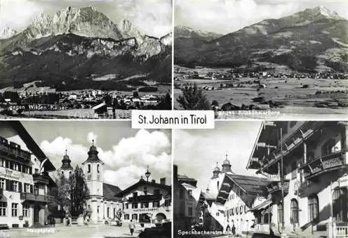 AK / Ansichtskarte  St Johann Tirol AT Panorama Blick gegen Wilden Kaiser Kitzbuehelerhorn Hauptplatz Speckbacherstrasse