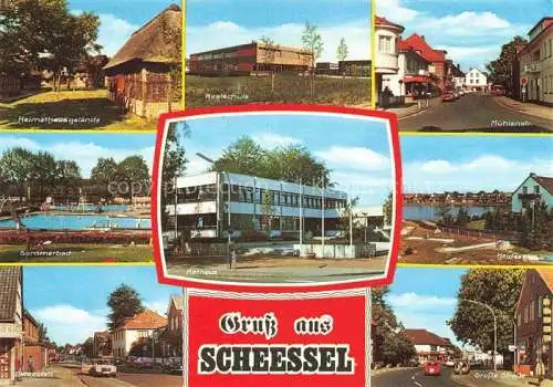 AK / Ansichtskarte  Scheessel Rotenburg Niedersachsen Am Heimathaus Realschule Muehlenstrasse Freibad Rathaus Heidesee Bahnhofstrasse Grosse Strasse