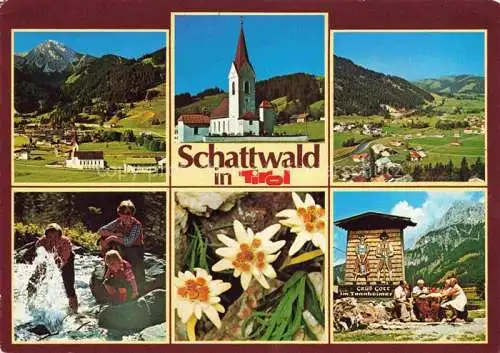 AK / Ansichtskarte  Schattwald Tirol AT Landschaftspanorama Kirche Edelweiss Wandern Picknick