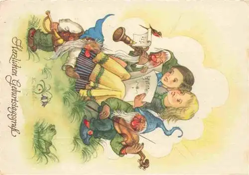 AK / Ansichtskarte  Zwerge Dwarfs Nains-- Geburtstags Gruesse Kinder Geige Floete Frosch