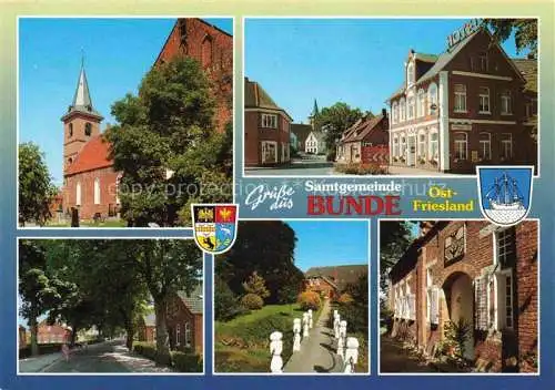 AK / Ansichtskarte  Bunde Niedersachsen Motive Ortszentrum Kirche Hotel Park Baumallee