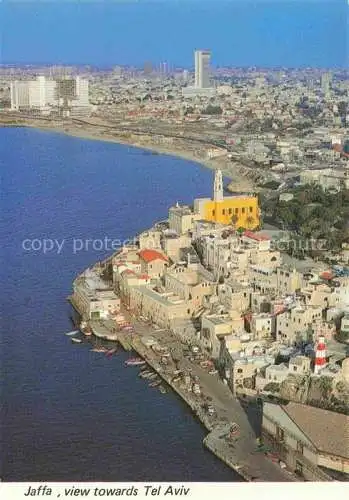 AK / Ansichtskarte  Jaffa Tel-Aviv Israel In the foreground Old Jaffa and the port in the background modern Tel Aviv Shalom Tower aerial view