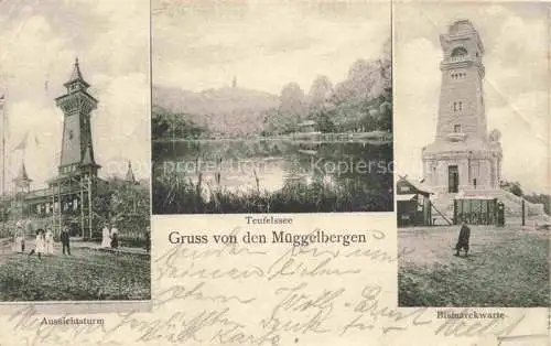 AK / Ansichtskarte  Mueggelbergen Mueggelberge Treptow-Koepenick BERLIN Aussichtsturm Teufelssee Bismarckwarte