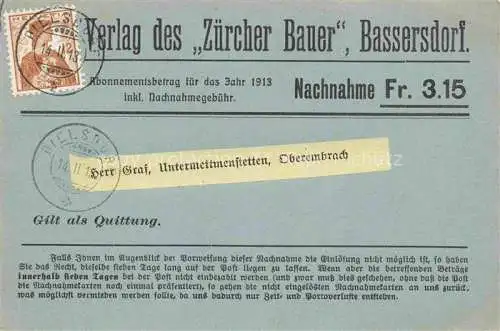 AK / Ansichtskarte  Bassersdorf ZH Verlag des Zuercher Bauer Abonnement-Quittung