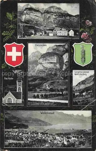 AK / Ansichtskarte  Wallenstadt Walenstadt SG Kasernen Exerzierplatz Kirche Sanatorium Panorama Alpen