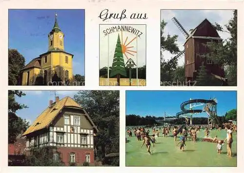 AK / Ansichtskarte  Schmannewitz Dahlen Sachsen Kiche Fachwerkhaus Freizeitbad Muehle