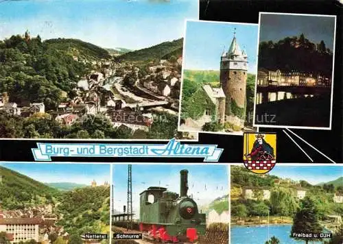 AK / Ansichtskarte  Altena Lenne Panorama Burg- und Bergstadt Nettetal Schnurre Dampflokomotive Freibad Jugendherberge