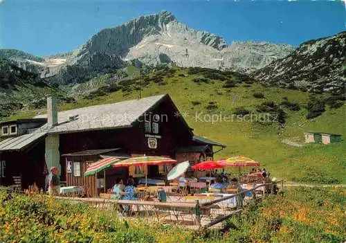 AK / Ansichtskarte  Hochalm Karwendel GARMISCH-PARTENKIRCHEN Berggaststaette Terrasse Blick gegen Alpspitze