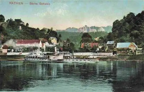 AK / Ansichtskarte  Rathen Saechsische Schweiz Blick ueber die Elbe Dampfer Anleger Elbsandsteingebirge