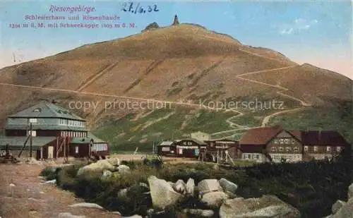 AK / Ansichtskarte  Schlesierhaus Schlesiertalbaude 1400m Riesengebirge PL und Riesenbaude mit Blick zur Schneekoppe Bergbauden im Riesengebirge