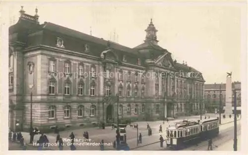 AK / Ansichtskarte  Strassenbahn Tramway-- Karlsruhe Hauptpost u. Grenadier denkmal