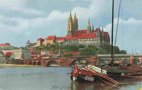 AK / Ansichtskarte  MEIssEN Elbe Sachsen Blick ueber die Albe zur Albrechtsburg Frachtkahn