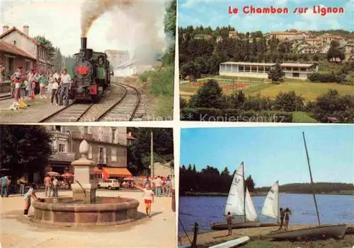 AK / Ansichtskarte  Le Chambon-sur-Lignon 43 Haute-Loire Bahnhof Dampflokomotive Sportanlage Brunnen Partie am See