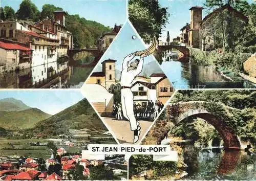 AK / Ansichtskarte  Saint-Jean-Pied-de-Port 64 Pyrenees-Atlantiques Maisons basques la Nive vue générale Pont romain d'Eyhéraberry