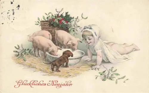 AK / Ansichtskarte  Dackel Dachshund Teckel Hunde dogs Chiens Cani Neujahr Kind Schweine Litho