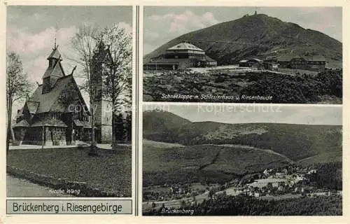 AK / Ansichtskarte  Brueckenberg Krummhuebel Riesengebirge PL Kirche Wang Panorama Schneekoppe Schlesierhaus und Riesenbaude