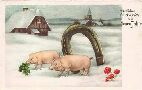 AK / Ansichtskarte  Neujahr Annee New Year Kleeblatt Schweine Hufeisen