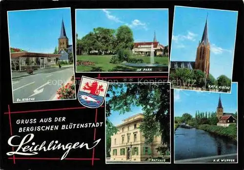 AK / Ansichtskarte  Leichlingen Rheinland Kirchen Parkanlagen Springbrunnen Partie an der Wupper Rathaus