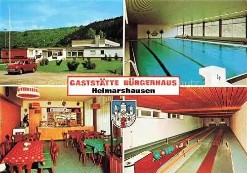 AK / Ansichtskarte  Helmarshausen Gaststaette Buergerhaus Gastraum Kegelbahn Hallenbad