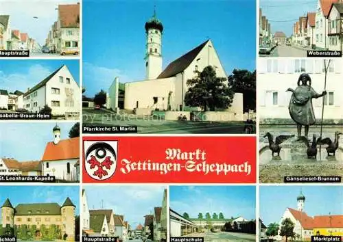 AK / Ansichtskarte  Jettingen Jettingen-Scheppach Hauptstrasse Isabella-Braun-Heim St. Leonhards-Kapelle Schloss Pfarrkirche Schule Weberstrasse Gaenseliesel-Brunnen Marktplatz