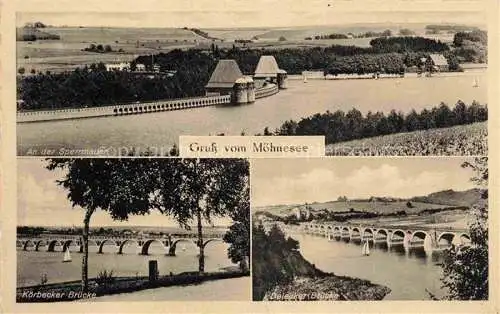 AK / Ansichtskarte  Moehnesee Panorama mit Sperrmauer Koerbecker Bruecke Delecker Bruecke