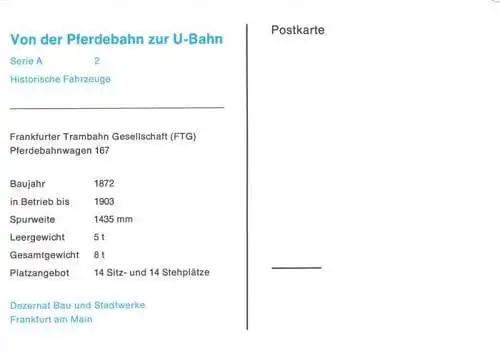 AK / Ansichtskarte  Pferdebahn Pferdetram U-Bahn Frankfurter Trambahn Pferdebahnwagen 167 FTG