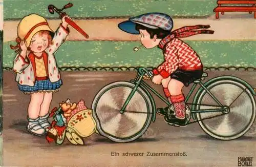 AK / Ansichtskarte  Boriss Margret Kuenstlerkarte Zusammenstoss Kinder Fahrrad  