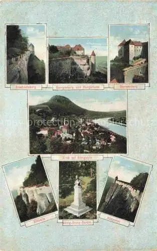 AK / Ansichtskarte  Koenigstein Saechsische Schweiz Sachsen Friedrichsburg Georgenburg Hungerturm Koenigstein Suedseite Koenig Georg Denkmal Suedportal