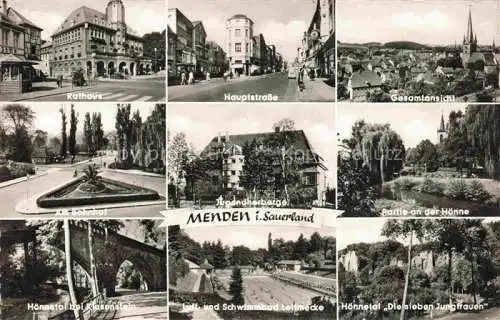 AK / Ansichtskarte  Menden  Sauerland Rathaus Hauptstrasse Panorama Am Bahnhof Jugendherberge Partie an der Hoenne Klusenstein Schwimmbad Hoennetal