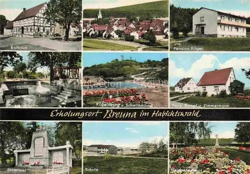 AK / Ansichtskarte  Breuna Hessen Rathaus Pension Pilger Kugelburg und Schwimmbad Ehrenmal Schule Heldenfriedhof