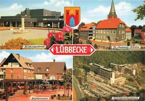 AK / Ansichtskarte  Luebbecke Westfalen Kulturzentrum Kirche Bierbrunnen Krankenhaus Luftaufnahme