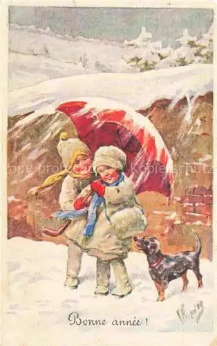 AK / Ansichtskarte  FEIERTAG Karl (1874-1944) Kuenstlerkarte Dackel Neujahr Nouvelle Annee Kinder Schnee