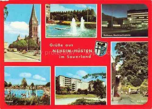 AK / Ansichtskarte  Neheim-Huesten Marktplatz Kirche Wasserspiele Rathaus Freibad Krankenhaus Park