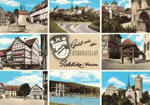 AK / Ansichtskarte  Schlitz Hessen Burg Turm Burgenring Fachwerkhaus Ziehbrunnen Marktplatz Schwimmbad Rathaus