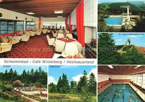 AK / Ansichtskarte  Winterberg  Hochsauerland NRW Schwimmbad Café Kurpark Astenturm St. Georg-Sprungschanze Freibad