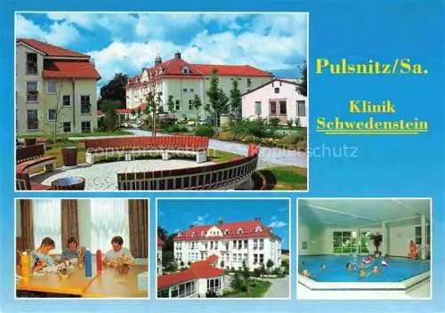 AK / Ansichtskarte Pulsnitz Bautzen Sachsen Klinik Schwedenstein Garten Aufenthaltsraum Hallenbad