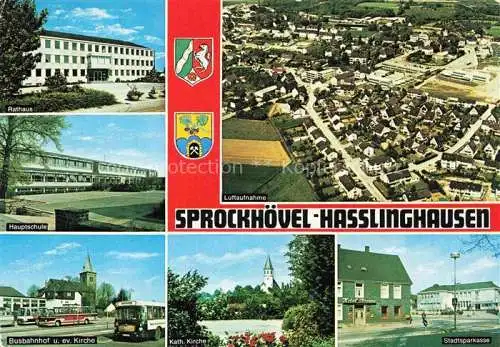 AK / Ansichtskarte Hasslinghausen Sprockhoevel Luftaufnahme Rathaus Schule Busbahnhof Kirche Sparkasse