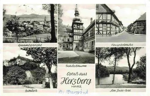 AK / Ansichtskarte Herzberg Harz Osterode Niedersachsen Gesamtansicht Schlossturm Hauptstrasse Schloss Jues-See