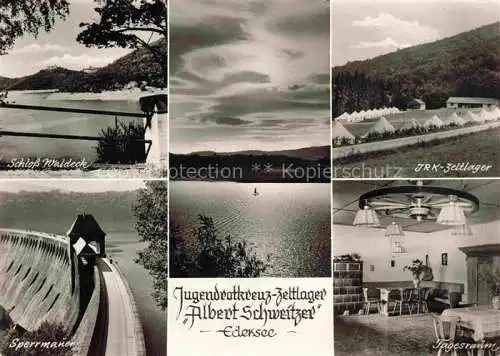 AK / Ansichtskarte Waldeck  Edersee Panorama Schloss Waldeck JRK-Zeltlager Albert Schweitzer Tagesraum Sperrmauer