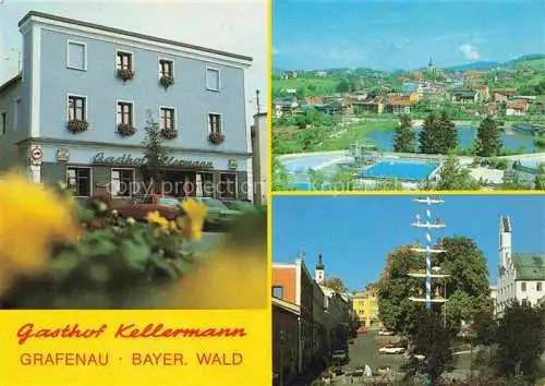 AK / Ansichtskarte Grafenau Niederbayern Gasthof Kellermann Stadtplatz Maibaum Freibad