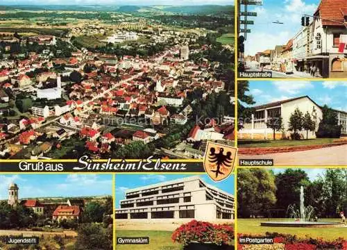 AK / Ansichtskarte Sinsheim Elsenz Stadtpanorama Luftaufnahme Hauptstrasse Schule Postgarten Gymnasium Jugendstift 