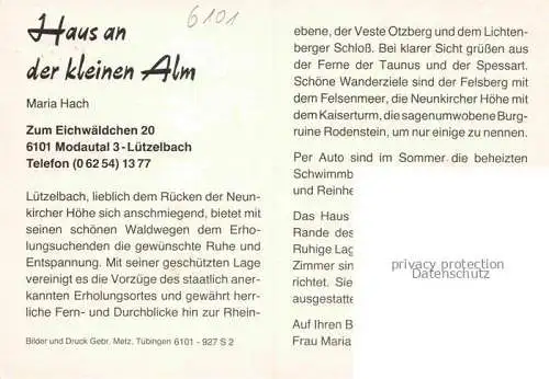 AK / Ansichtskarte Luetzelbach Modautal Darmstadt-Dieburg Hessen Haus an der kleinen Alm Gastraum Fremdenzimmer Terrasse